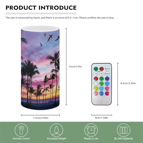 Image of Poceacles Flameless Light Candles Battery Operated Candles with Color Changing Timer Remote Control Tealights for Home Beach Dinner Party Banquet Decor, Beach Palm Tree Sunset Pattern Violet Blue