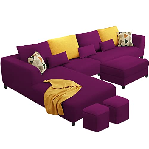 Image of Casaliving Minta LHS 8 Seater L Shape Sofa Set with Ottoman & 2 Puffy for Living Room (Purple - Colour Fabric) Premium Fabric Sofa Set ForLiving Room | Hall