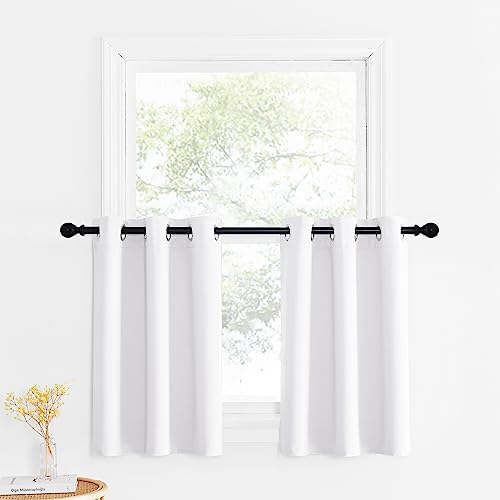 NICETOWN Pure White Basement Window Tiers, Cabinet Curtains for Under Kitchen Sink, Privacy Thermal Insulated Short Curtains 30 Inch Length for Bathro