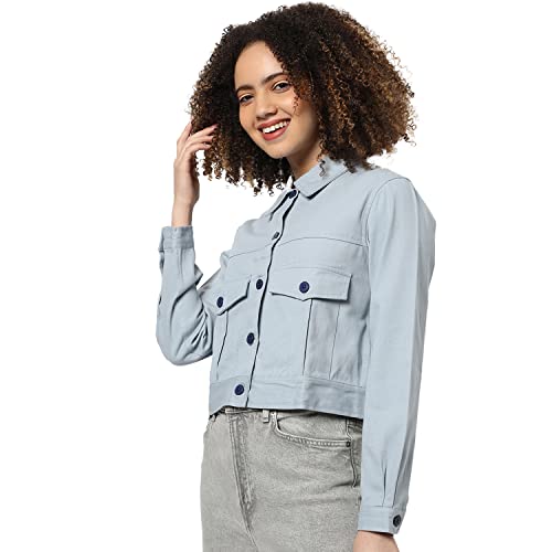 Image of Campus Sutra Women Blue Regular Fit Denim Jacket For Winter Wear | Collared Neck | Full Sleeve | Buttoned | Casual Jacket For Woman & Girl | Western Stylish Jacket For Women