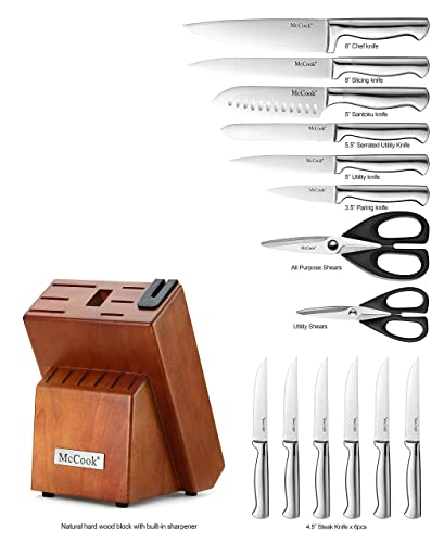 Mc29 15 Pieces German Stainless Steel Knife Block Sets With Built-In Sharpener + Mcw11 Bamboo Cutting Boards Set Of 4 (Small, 15.4”10.2”0.8”) #TOP2
