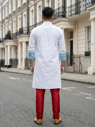 Image of Men's Jamdani Printed Kurta Pajama Set | Pure Cotton Ethnic Kurta with Mandarin Collar & Dupion Silk Pyjama | Festive & Weddings 303A12A 303SB12B(M XXL)