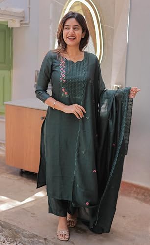 Image of Women Cotton Kurta Pant Set with Chanderi Cotton Dupatta | 3-Piece Straight Fit 3 /4 Sleeves Kurta with V-Neck | Ethnic, Festive & Casual Wear for Women| 3 Piece Set
