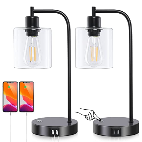 Best Seller Ganiude Industrial 3-Way Dimmable Table Lamps Set of 2,Vintage Touch Control Desk Lamps with 2 USB Ports,Bedside Nightstand Lamps with Glass Shade for Reading,Living Room, 2700K Bulbs Included