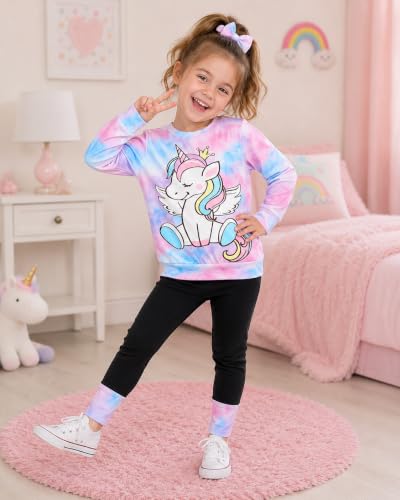 Image of Little Girls 2 Piece Outfits Ruffle Sleeve Unicorn Sweatshirts Top and Leggings Set School Outfits Kids Clothing Set