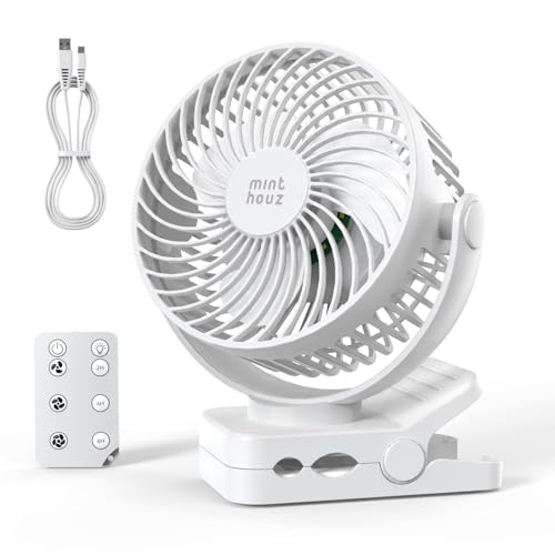 Image of Minthouz Clip on Fan, 12000mAh Battery, with Remote Control, Quiet, White | 45H Runtime, 3-Level Lighting, 360 Rotation, 3-Level Wind Speed, 2 /4 /6H Timer, Suitable for Bedrooms, Offices, Outdoors