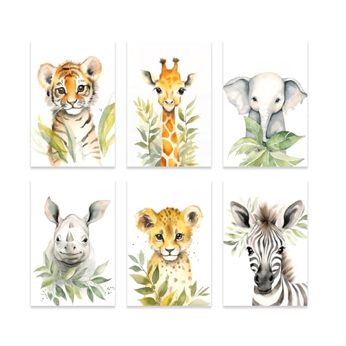 ZXHYWYM Baby Safari Animals Wall Art 6 Pieces Giraffe Elepha