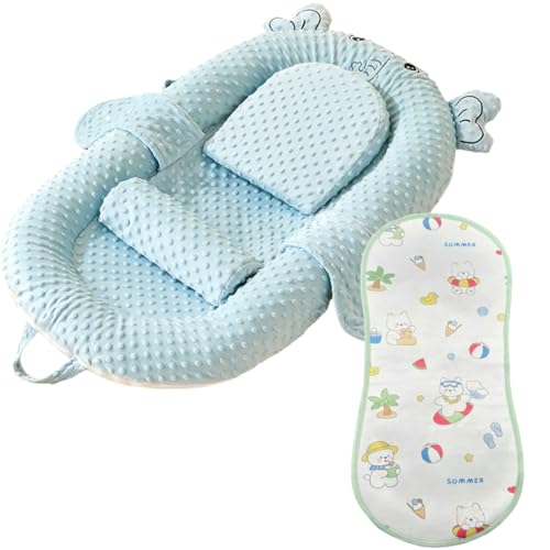 Quxxuol ベビーベッド ポータブル 癒し 移動可能 おもちゃ付き クールマット 逆流防止 折りたたみ式 新生児 クッション付き (ブルー,シングルベッド+クールマット+スロープマット)