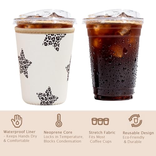 Image of Reusable Insulated Sleeve for Iced Coffee Cup, Coffee Neoprene Sleeve for Cold & Hot Drinks, Beverage Holder for Iced Coffee (Leopard Stars, Large: 32oz)