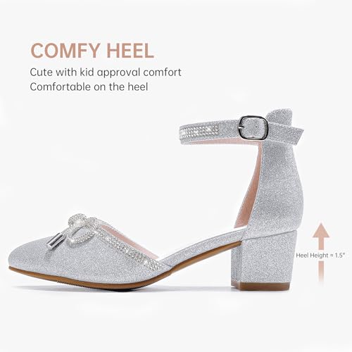 Image of LAURMOSA Girls Sandals Closed Toe High Heels Pointed Toe Ankle Strap Pumps Flower Girl Dressy Shoes in Wedding Party Cute Bowknot Chunky Block Heeled for Little Big Kids