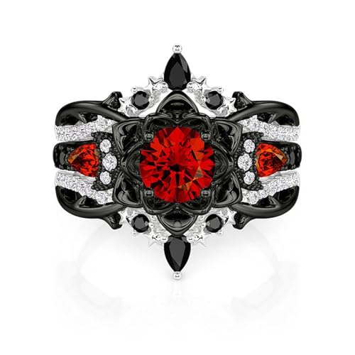 Image of Jeulia 2PCS Wedding Ring Set Black Tone Red Gemstone Three Stone Ring Moon Star Motifs Gothic Stackable Bridal Ring Set Vintage Floral Engagement Promise Jewelry Gift for Women