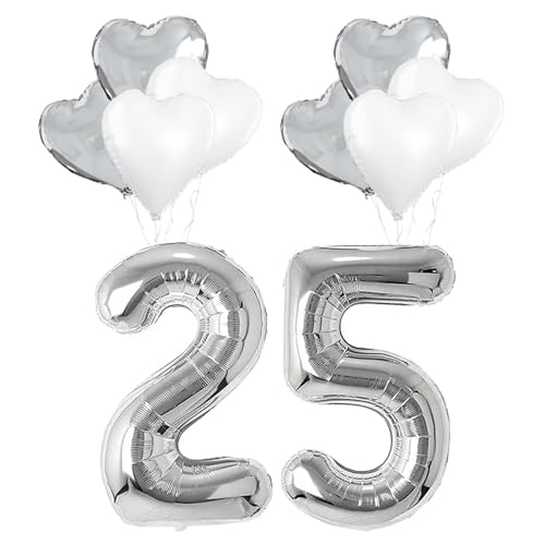 25. Silber Luftballons set,Silberhochzeit deko Set,Folienballon Zahl 25 Silber mit Herz Folienballon,Zahl Ballons zum Geburtstag,25 Hochzeitstag Ballons,für Silberhochzeit、25.Jubiläum、25. Geburtstag