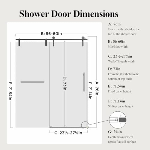 Image of 56-60 inch W x 76 inch H Frameless Single Sliding Shower Door, Bathroom Glass Shower Doors with 5 /16 inch (8mm) SGCC Tempered Glass, Stainless Steel Towel Rail Handle and Heavy Duty Frame, Matte Black
