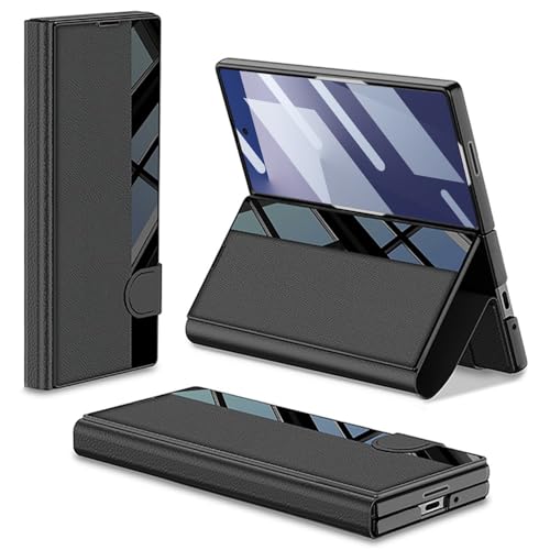 Image of TechTrendz Case for Samsung Galaxy Z Fold 7 Stand Case with Pen Slot, Luxury Flip Electroplated Shockproof Glass Hybrid Leather Flip Cover for Z Fold 7 Back Cover [Pen Not Included] (Black)