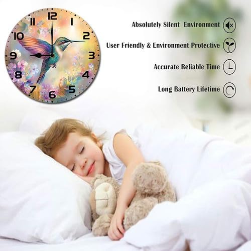 Birds Hummingbird Flower Wooden Silent Non-Ticking 10 Inch Round Clocks Battery Operated Analog for Living Room Kitchen Bedroom Bathroom Office Home School Decor
