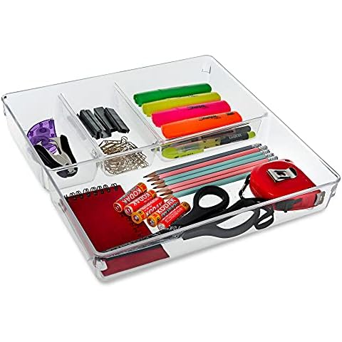 LIVIVO 4 Compartment Drawer Desk Organiser - Made From Clear Plastic, Storage Box Divider For Makeup, Stationary, Utensils, Tools, in the Office, Home, Kitchen, Garage, Bedroom Cover
