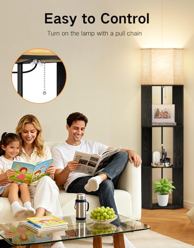 Image of OUTON Floor Lamp with Shelves, Modern Tripod Standing Shelf Lamp, Black | 3 Color Temperature Bulb, Storage Display Wood Column Tall Bookshelf Lamp for Living Room, Bedroom Office