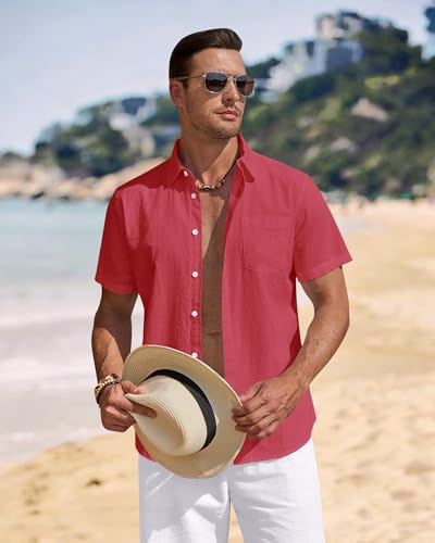 Image of J.VER Mens Linen Shirt Short Sleeve Button Down Casual Summer Shirts | Cotton Linen, Untucked, Big Tall, from Beach Camp Vacation, Cruise Fishing, Work Office, to Wedding Party Family, with Pocket