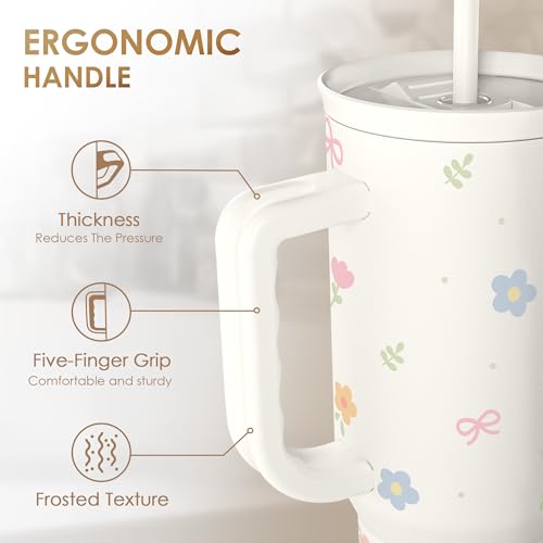 Image of Floral 40oz Slider Tumbler with Handle and Straw - Insulated Stainless Steel Travel Coffee Mug for Women Girls, Gift for Birthday Christmas