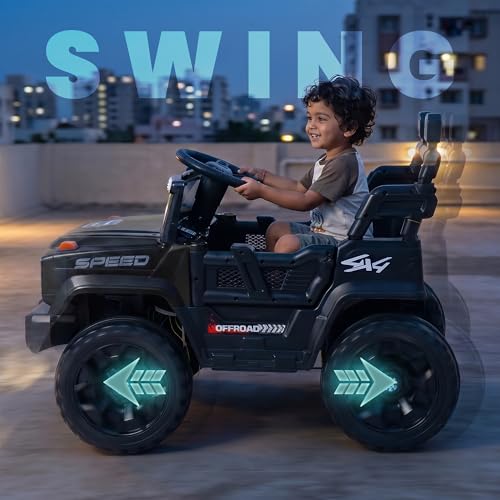Image of Baybee SpeedRover Baby Battery Operated Jeep for Kids | Ride on Toy Electric Car with 4x4 Motors, Swing Mode, Led Lights & Music | Rechargeable Electric Ride on Toy Car for Kids 2 to 6 Years (Black)