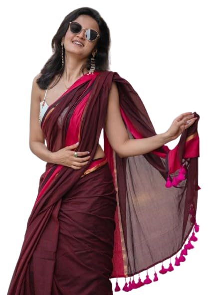 Image of Sudip callection Handloom Mul Cotton Saree for Women - Bottle Green with Pink Border Golden Zari Line & Tassel Pallu