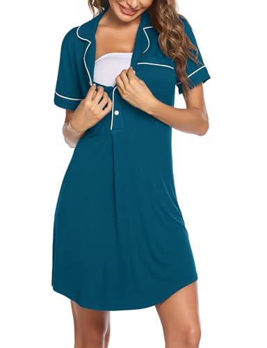 Image of Ekouaer Women's Nightgown Button Down Nightshirt V Neck Sleepshirt Short Sleeve Sleepwear Soft Pajama Dress
