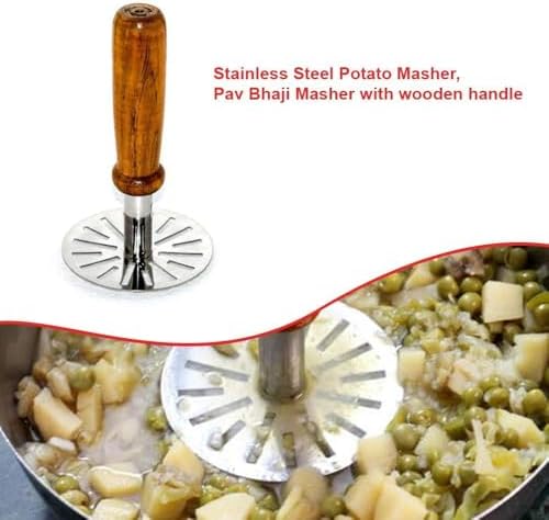 Stainless Steel Round Pav Bhaji Masher, Potato Masher with Wooden Handle, 1-Piece, Silver image 4