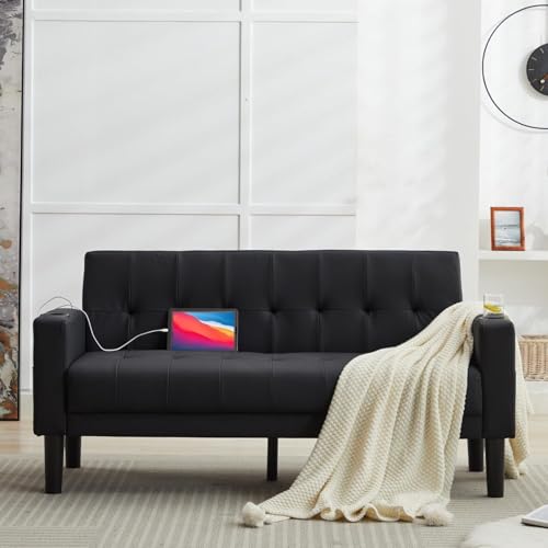 GRAVFORCE Sofa 2 Sitzer Couch mit 2 Ladefunktion und 2 Becherhalter 2er Sofa Klein Kunstleder für Wohnzimmer, Jugendzimmer, Büro, Wohnung, Schlafzimmer, Schwarz