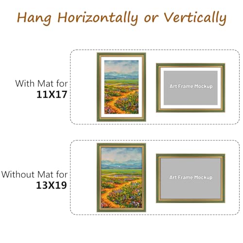 Image of Golden State Art,13x19 Ornate Picture Frame Holds 11x17 Photo,Green Gold | Includes plexiglass front,white mat,build-in hangers and buttons.Displays 11x17 photo on wall