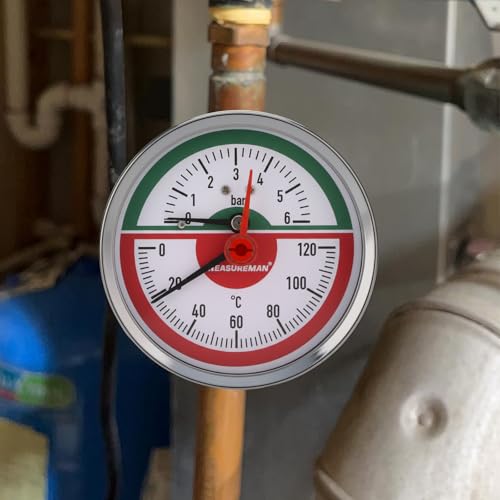 Thermo-Manometer, 80mm Zifferblatt, 0-6Bar/120°C, schwarzes Stahlgehäuse, G1/2 Hinteranschluss