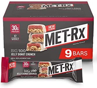 MET-Rx Big 100 Protein Bar, Great as Meal Replacement, Snack, and Help Support Energy, Gluten Free, 30g of Protein, Jelly Donut Crunch Bar, With Vitamin A, Vitamin C, and Zinc, 9 Count