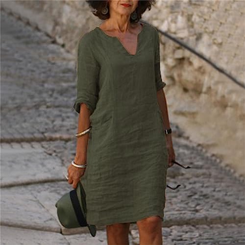 Robe en coton et lin haut de gamme à col en V uni