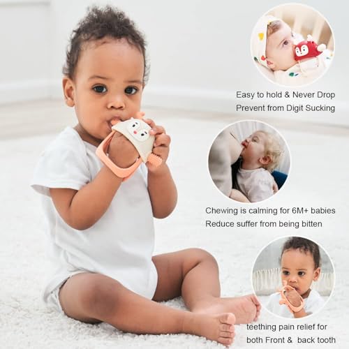 Image of Teething Toys /Teethers for Babies 6-12 Months, Reindeer Baby Chew Toy 3-6 Months for Teething Relief, Get-A-Grip Baby Hand Teether, Silicone Teething Mittens for 0-6Months, (Nude)