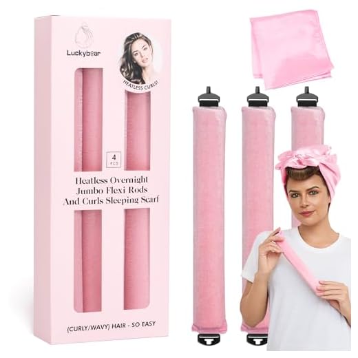Heatless Curls Overnight Rods Jumbo Set, Heatless Hair Curler Velvet Satin Jumbo Flexi Rods to Sleep in, No Heat Overnight Sleeping Blowout Curls Wave Styling Tools with Silk Scarf 4pcs Pink