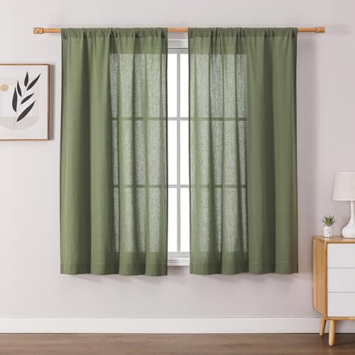 OWENIE Colin 2 Panels Sage Green Curtains 63 Inch Length for Bedroom Living Room, Semi Sheer Light Filtering Linen Textured Window Treatments, Rod Pocket Dining Room, 2 Panels, 42x63 Inch