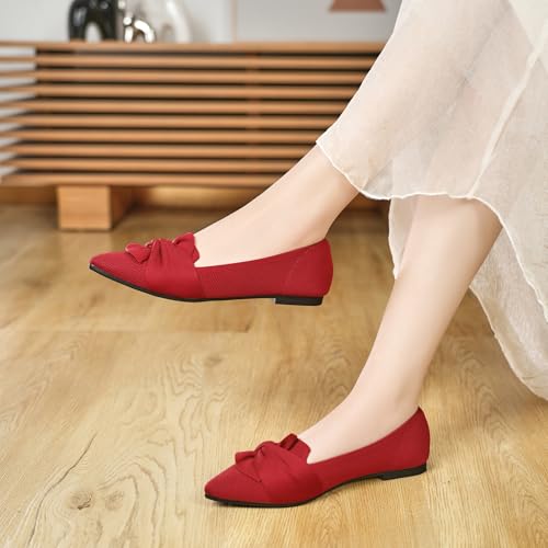 Image of HIULYCENCE Flats for Womens Pointed Toe Ballet Flats with Bow Comfortable Knit Dressy Flats