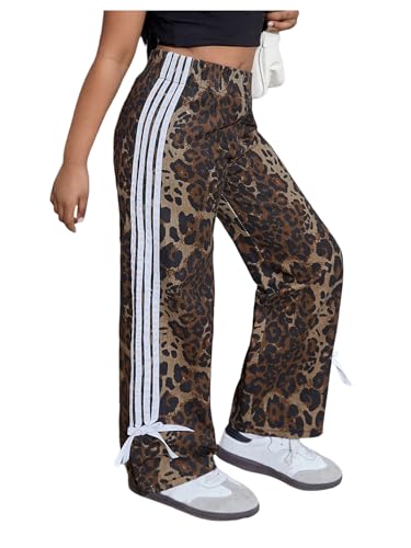 Floerns Girl's Cheetah Print Long Pants Striped Side Bowknot Baggy Wide Leg Trousers