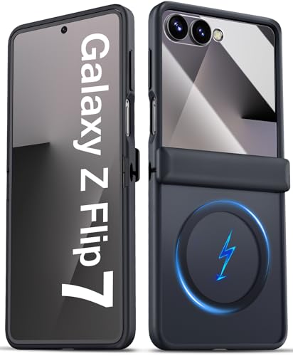 BXYJY for Samsung Galaxy Z Flip 7 Case with Hinge Protector, Slim Compatible with MagSafe & Wireless Charging, Front Screen Protector, Translucent Rugged Full Phone Case for Galaxy Z Flip 7, Black