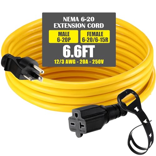 Saysurey 6.6 ft Nema 6-20 Extension Cord Nema 6-20p Male Plug to 6-20r/6-15r Female Receptacle 20 Amp T-Blade Outlet Extension Power Cord with Waterproof Sockets Heavy Duty 12/3 Awg 250v 5000w