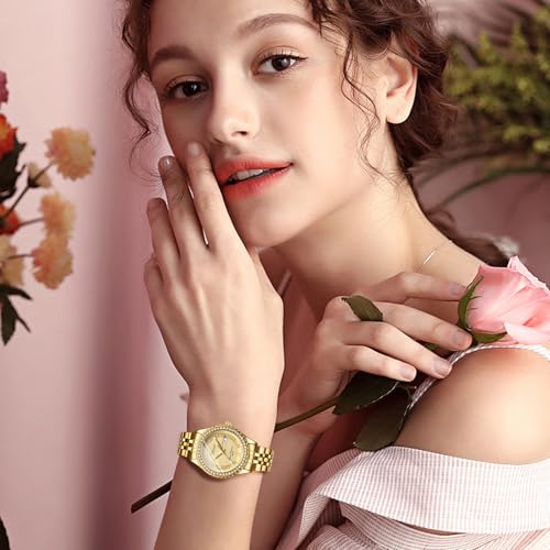 Image of JewelryWe Couple Gold Quartz Watch: Business Analog Full Diamond Day Date 3ATM Waterproof Luminous Hands Stainless Steel Removable Strap Casual Wrist Watch for Father's Day