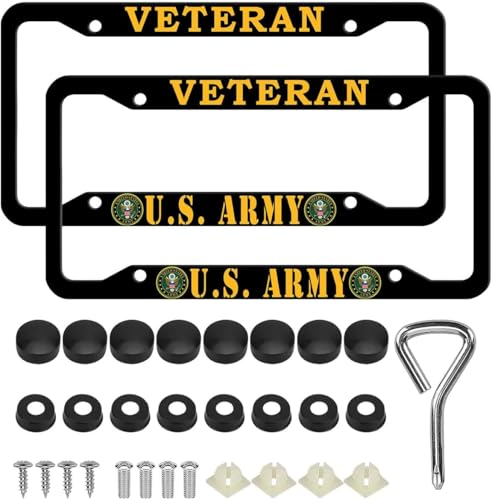 Image of 2PCS License Plate Frames for Veteran U.S.Army,Car License Plate Bracket Holder, Premium Aluminum Alloy Weather Proof License Plate Covers with Screw Caps Cover Set Car Accessories