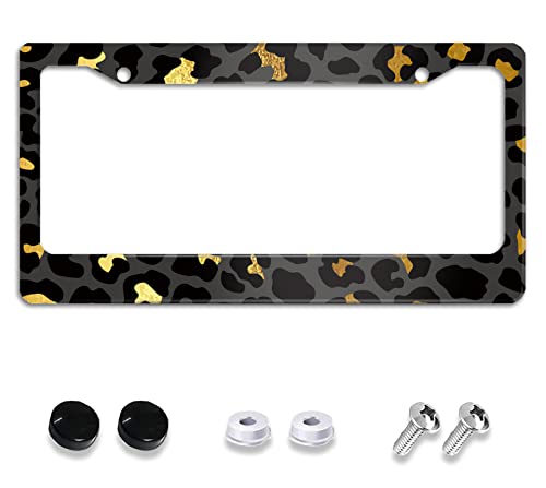 Meikosks Gold Leopard Print License Plate Frame Metal Aluminum Car Cover Tag Holder Frames For Women Cute Animal Dec,2 Holes With Screw Caps Us Vehicles Standard 12X6 Inch #TOP24