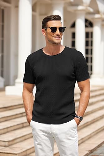 COOFANDY Men's Knit T Shirt Short Sleeve Crewneck Casual Vintage T-Shirts Summer Twist Knitted Pullover Tee3