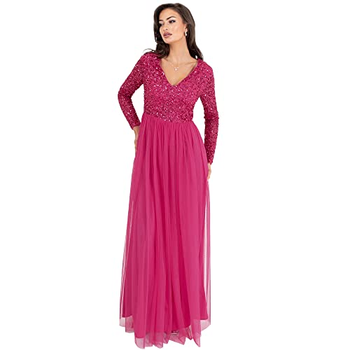 Maya Deluxe Robe de Soirée Femme Maxi, Robe de Soirée Manches Longues, Robe Cérémonie Femme pour Mariage, Bal de Promo, Fuchsia, 40