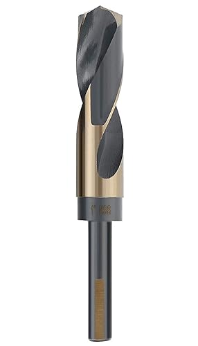 Broca HSS Silver y Deming de 1 pulgada de 1/2" con vástago plano reducido de 3 pulgadas, color dorado/negro oxidado 135 grados. Punta dividida