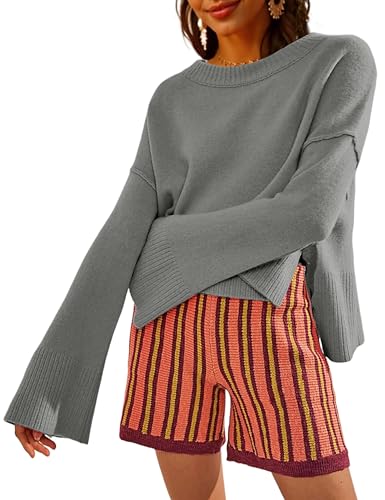 Image of Womens Lightweight Sweaters Crewneck Bell-Style Sleeve Batwing Knit Tops Slouchy Soft Pullover Jumpers(Darkgrey-M)