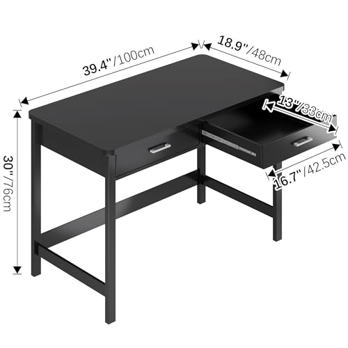 Image of 4NM 39.4 inch Small Desk with Wood Drawers, Home Office Computer Desk with Wooden Legs, Study Writing Table Vanity Desk for Small Spaces - Black