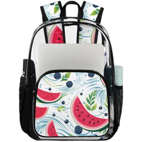 Watermelon Blueberry Leaf Clear Backpack Stadium Approved PVC Backpacks for Adults Heavy Duty Clear Bag for Work Security Travel College