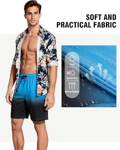 Image of Mens Swim Trunks with Compression Liner 2 in 1 Quick Dry Swimming Shorts Swimwear Bathing Suits with Pockets, 7 Inch-Gradient Blue Black,L