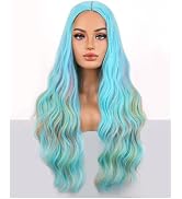 BERON Turquoise Ombre Rainbow Wigs Long Wavy Wig for Women Girls Curly Teal Blue Heat Resistant S...